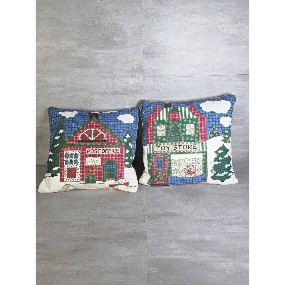 Holiday Christmas Pair Throw Pillow Post Office Toy Store Decor 11x11"
